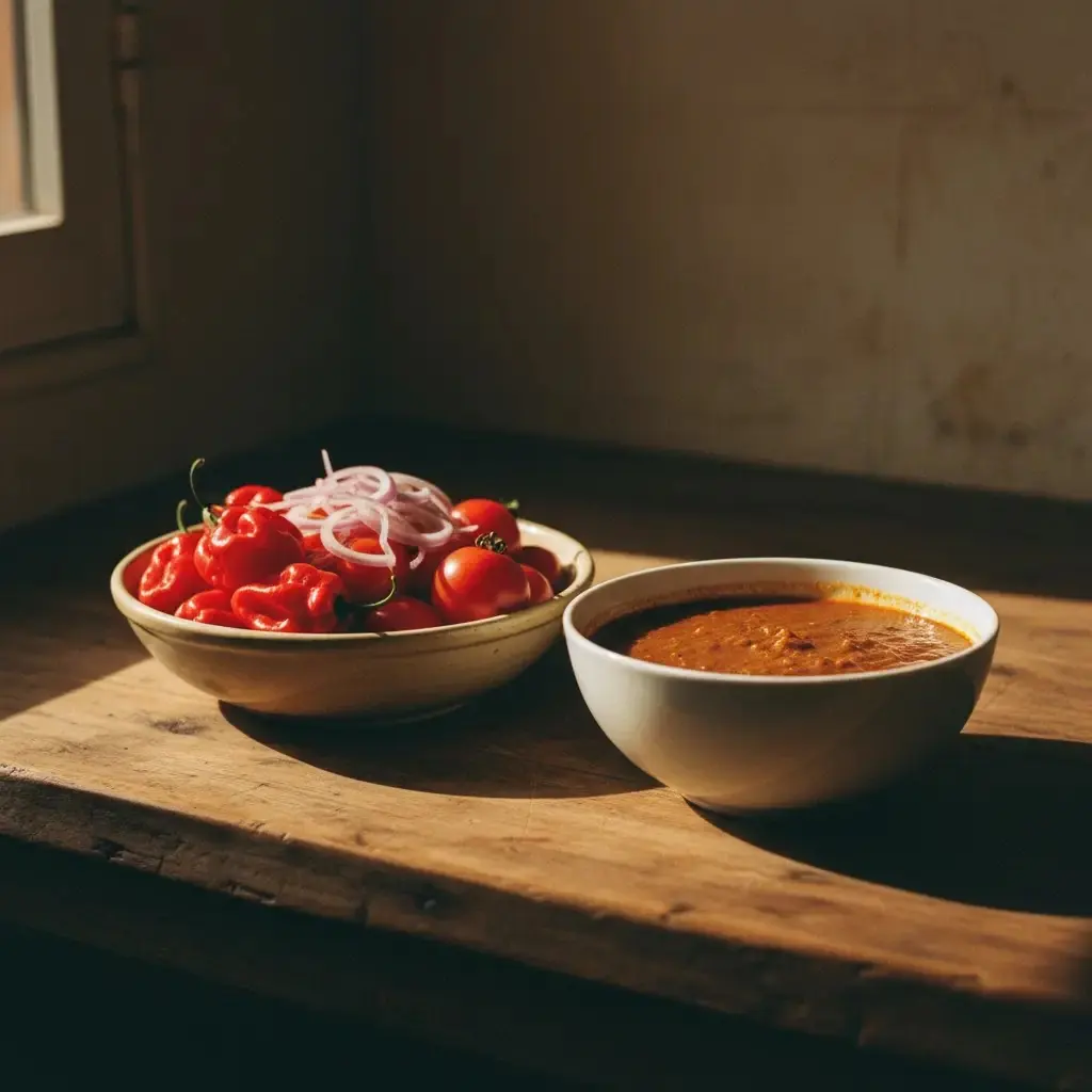 Peppers, onions and tomatoes beside a bowl of pepper stew at the pass.
