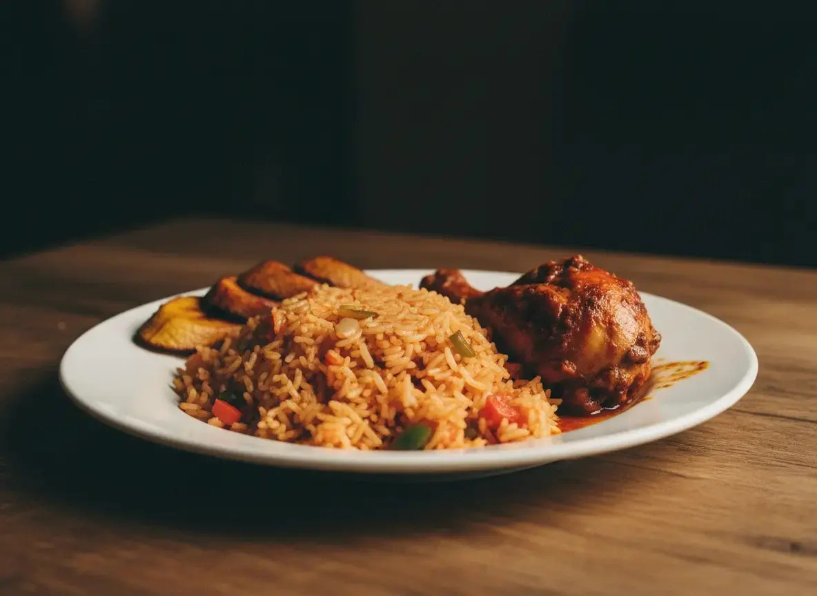 A plate of jollof rice with stewed chicken and fried plantain.